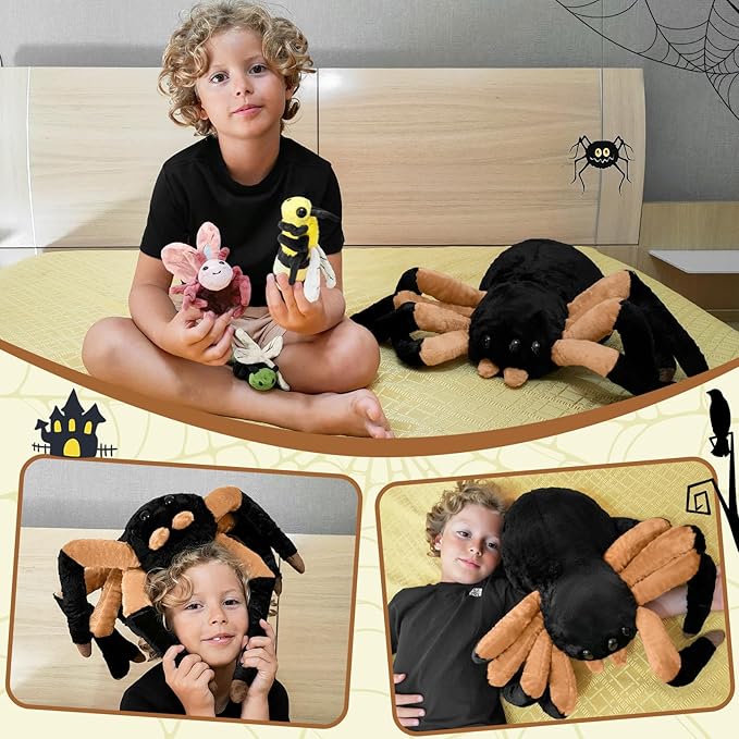 MorisMos 5Pcs Spider Stuffed Animal, 16inch Large Spider Plush with Butterfly, Dragonfly, Bee, Eggshell, Soft Plush Toys for Kids, Boys, Girls