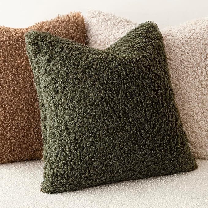 Foindtower 2 Pieces 16x16 Inch Olive Green, Faux Fur Throw Pillow Cover Accent Sherpa Furry Pillow Covers Fuzzy Soft Pillowcases Cozy Sheepskin Decorative Fleece Cushion Case for Bed Couch Living Room