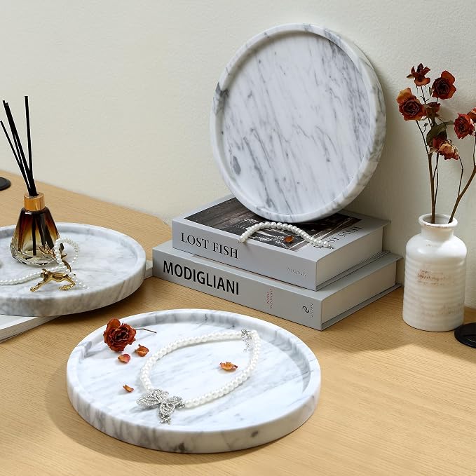 Decorative Round Marble Tray with Anti-Slip Pads, 10 Inches Diameter, Natural White Stone Vanity Organizer (Large)