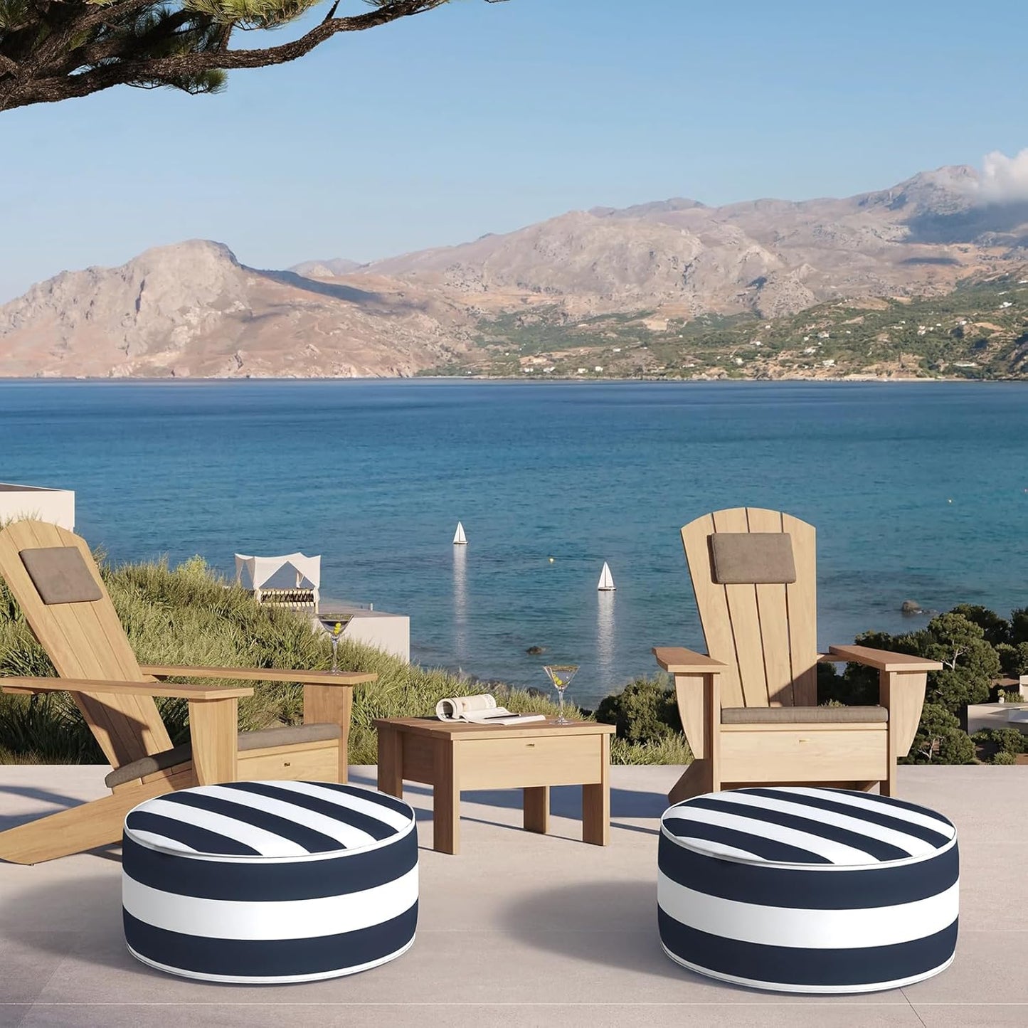 Inflatable Ottoman Stool D21 xH9 for Outdoor/Indoor Use, Water Repellent Patio Foot Rest Stool with Portable Handle,Round Pouf Ottoman Suitable for Garden,Deck and Camping - Cabana Navy