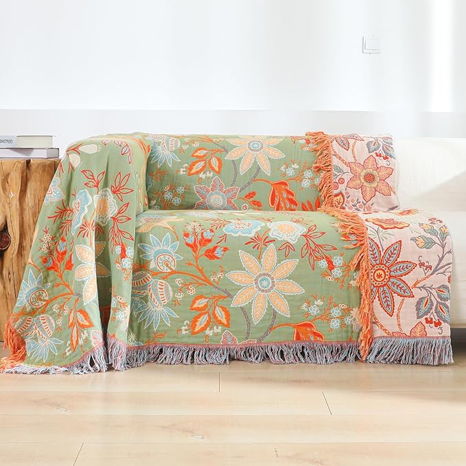 Boho Fall Throw Blanket for Bed,100% Ultra Cotton Soft Breathable Bed Throw Floral Decorative Cottage Farmhouse Decor Rustic Jacquard Bed Throws for Couch Sofa Quilt 60" x 80"-Orange& Sage Green