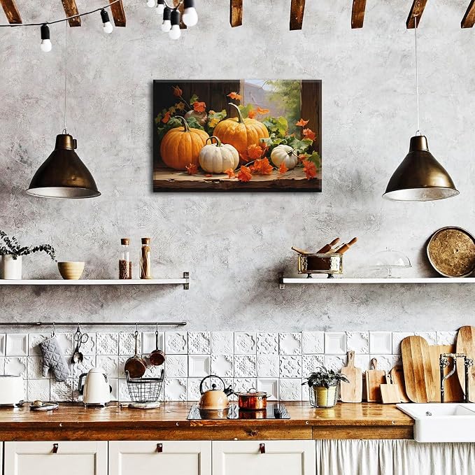 Pumpkin Canvas Wall Art Fall Pictures Maple Leaf Autumn Decor Thanksgiving Wall Prints Rustic Halloween Themed Wall Decor Framed Modern Artwork for Living Room Kitchen Bedroom Home Decorations 20x30”