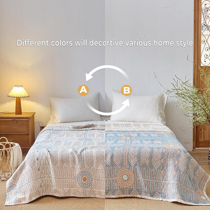 Boho Orange Reversible Throw Blanket – Twin Size 60"x80" Lightweight 4-Layer 100% Cotton Muslin, Geometric Striped Pattern, Washable & Breathable, Soft Comfy for Couch Bed Decor, All Seasons