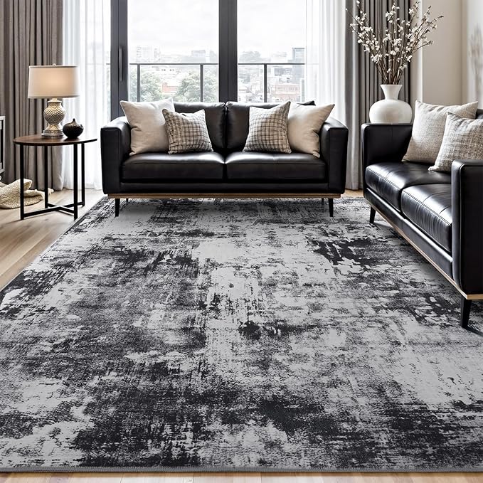 Rugflix 10x14 Area Rugs for Living Room, Black Grey Large Rug Stain-Resistant Low Pile, Big Washable Dark Carpet Non-Slip for Bedroom Dining Room Home Office Nursery Room
