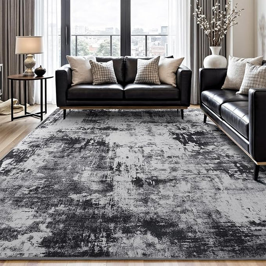 Rugflix 10x14 Area Rugs for Living Room, Black Grey Large Rug Stain-Resistant Low Pile, Big Washable Dark Carpet Non-Slip for Bedroom Dining Room Home Office Nursery Room