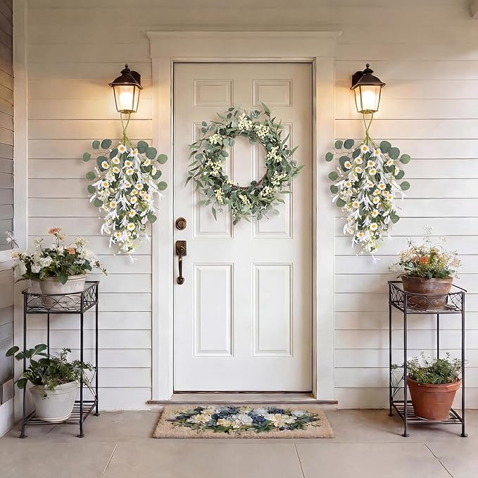 Pinkpum 20'' Eucalyptus Wreath 22'' Daisy Teardrop Swags Set 4 for Front Door Fireplace Hanging Porch Wall Home Window Kitchen Decor Farmhouse Garden Party Indoor Outdoor Summer Spring Fall