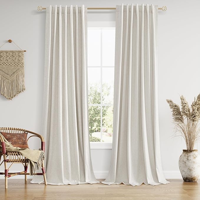 Guken Boho Extra Long 120 Inches 100% Black Out Curtains for Living Room Bedroom Back Tab Sound Proof Heat Blocking Thermal Insulated Linen Drapes Room Darkening Window Curtain