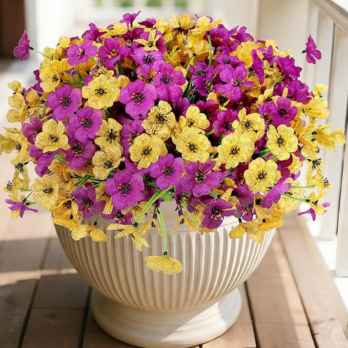 Geegoods Artificial Mums Flowers for Outdoors, 16 Bundles UV Resistant Fake Plastic Purple and Yellow Flowers for Patio Porch Spring Summer Decor