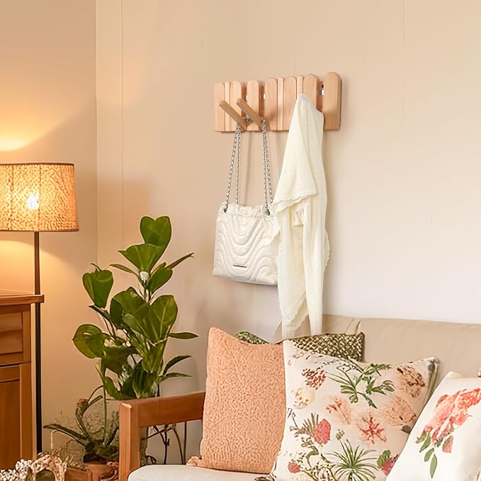 Coat Rack Wall Mount: Wooden Boho Wall Decor 6 Hooks 16.8'' Entryway Hanger with Magnetic Foldable Hooks Mounted, Space Saving for Hanging Jacket Bag for Apartments & Modern Homes