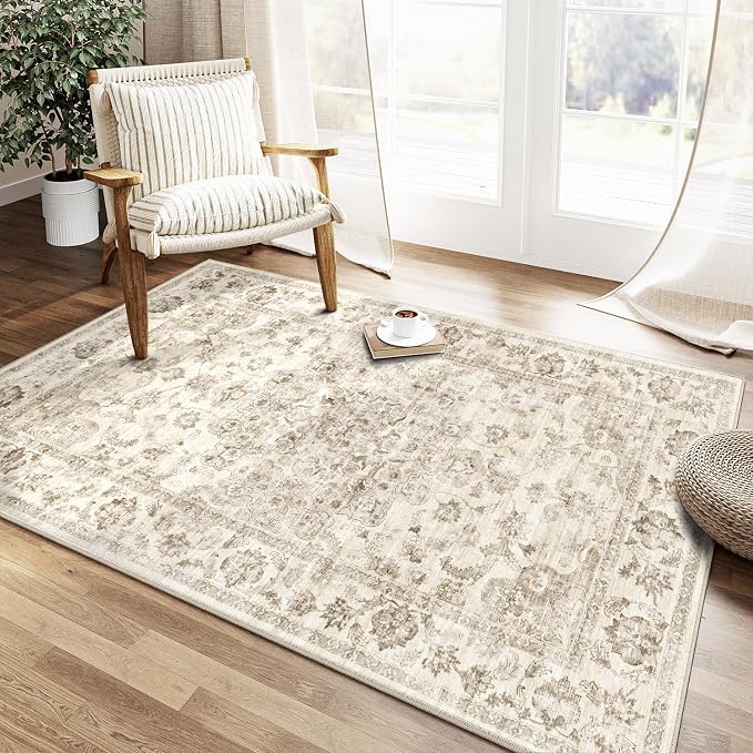 3x5 Washable Neutral Area Rug Beige Vintage Entryway Office Carpet Non-Slip Soft Low Pile Farmhouse Throw Rug for Entrance Living Room Bathroom Dining Room
