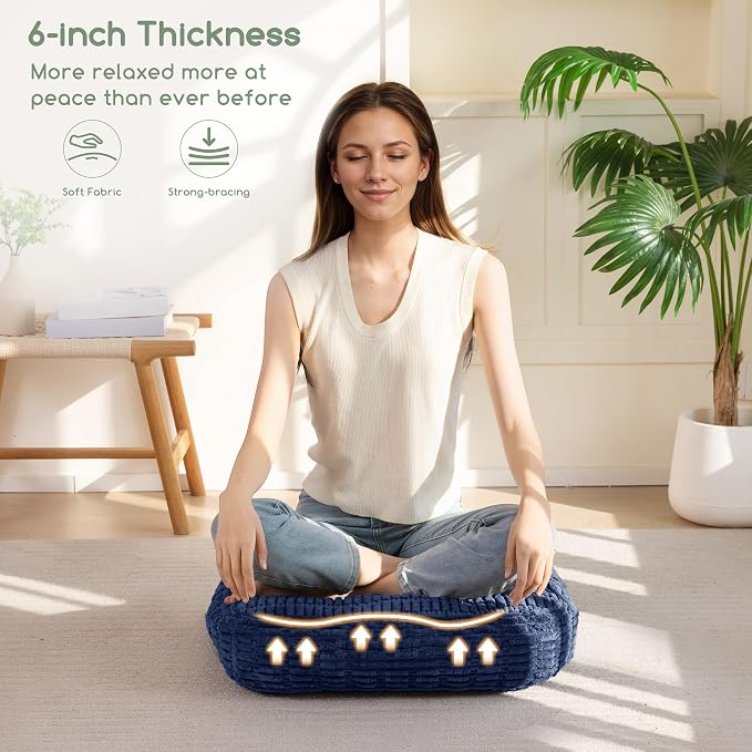 HIGOGOGO 6" Floor Pillow Cushion for Adults, Meditation Cushion Pillow, Blended Corduroy Cover, Large Square Floor Sitting for Tatami Living Room or Yoga, 22x22 Inch, Navy