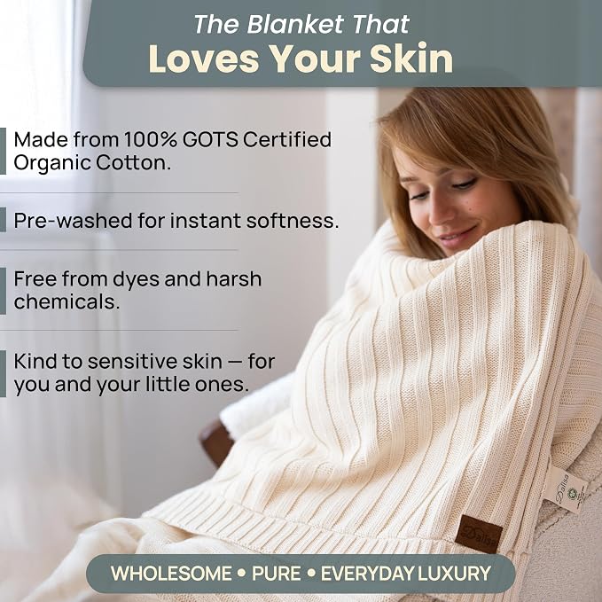 Dalisa 100% Organic Cotton Knit Blanket Denise -Soft and Lightweight, Breathable All-Season Throw for Bed, Sofa, or Lounge Area -Perfect for Home and Bedroom Styling (Stone, 80x90)