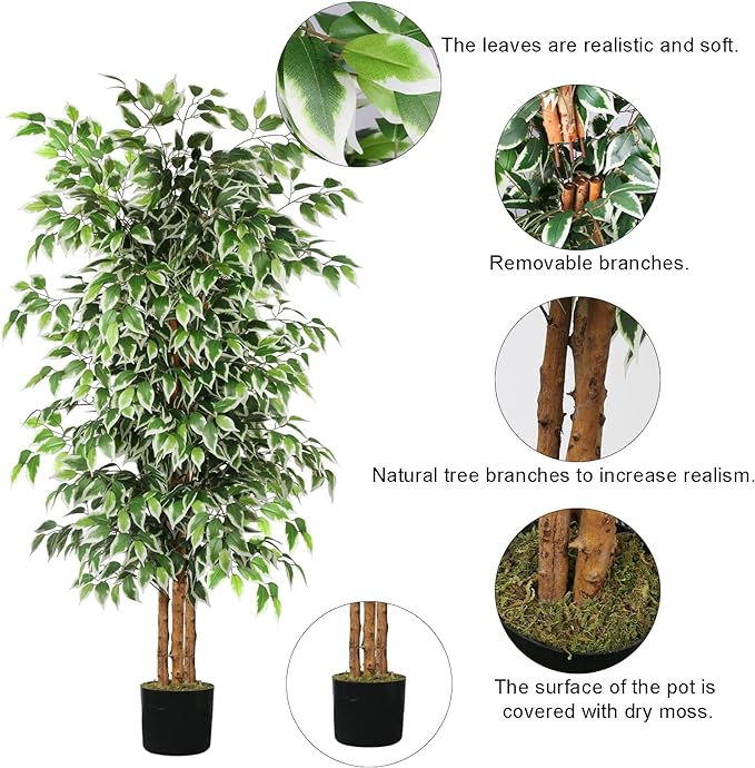 GTIDEA 6ft Ficus Artificial Tree, Tall Faux Trees Indoor with Natural Trunk and Fake Silk Tree Fake Plants for Home Decor Living Room Outdoor Balcony House Office (NO VASE Included)