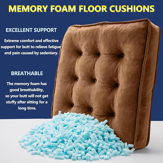1 MIDDLE ONE Floor Pillow Set of 4, Memory Foam Meditation Cushion, Floor Cushions for Adults Sitting, Large Square Seat Cushions for Yoga, Living Room, 20x20 Inch (Brown)