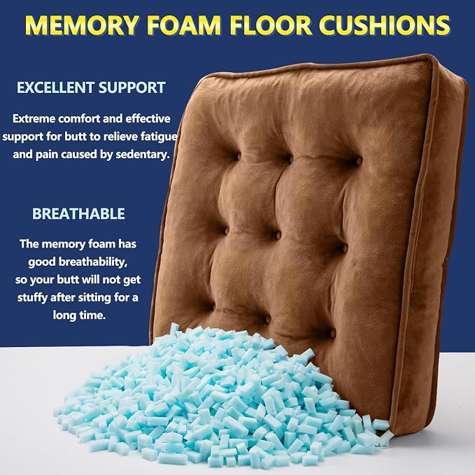1 MIDDLE ONE Floor Pillow Set of 2, Memory Foam Meditation Cushion, Floor Cushions for Adults Sitting, Large Square Seat Cushions for Yoga, Couch, Sofa, Kids, Living Room, 20x20 Inch (Brown)