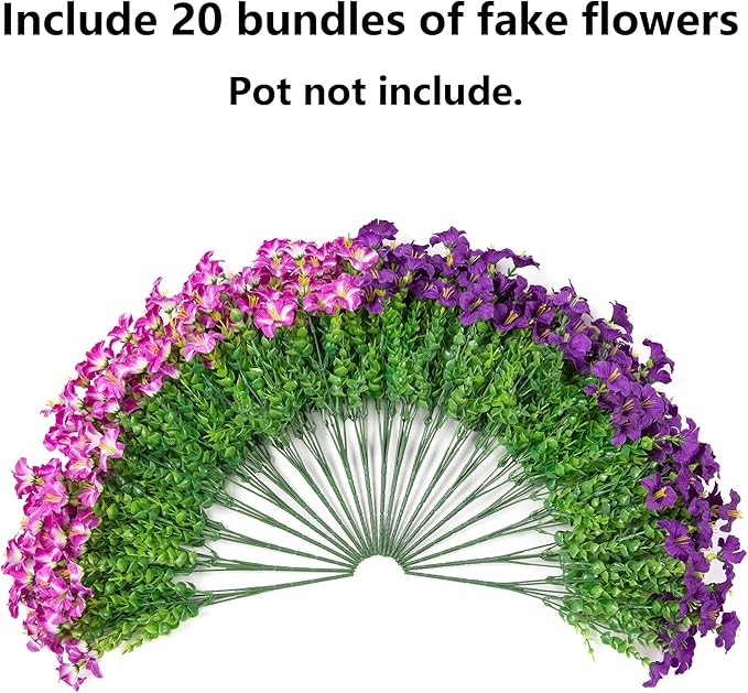 Artificial Flowers for Outdoors Decoration, 20 Bundles Faux Morning Glory with Eucalyptus Look Real UV Resistant Fake Plants Silk Flowers for Outside Yard Gardens Porch Patio Planter Home Urn, Mix
