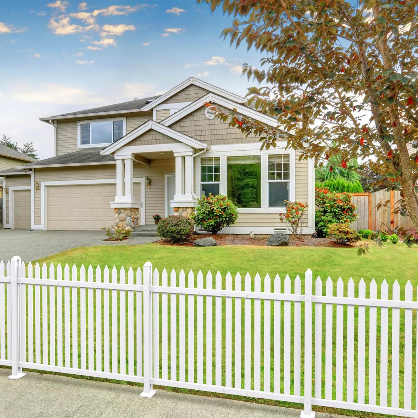 Patio 5 Sets Vinyl Picket Fence Panels 36" H x 84" W White PVC Decorative Fence for Front Yard Porch Patio Deck Pool Air Conditioner Fence Safety Dog Fence (34 Pickets, Straight)