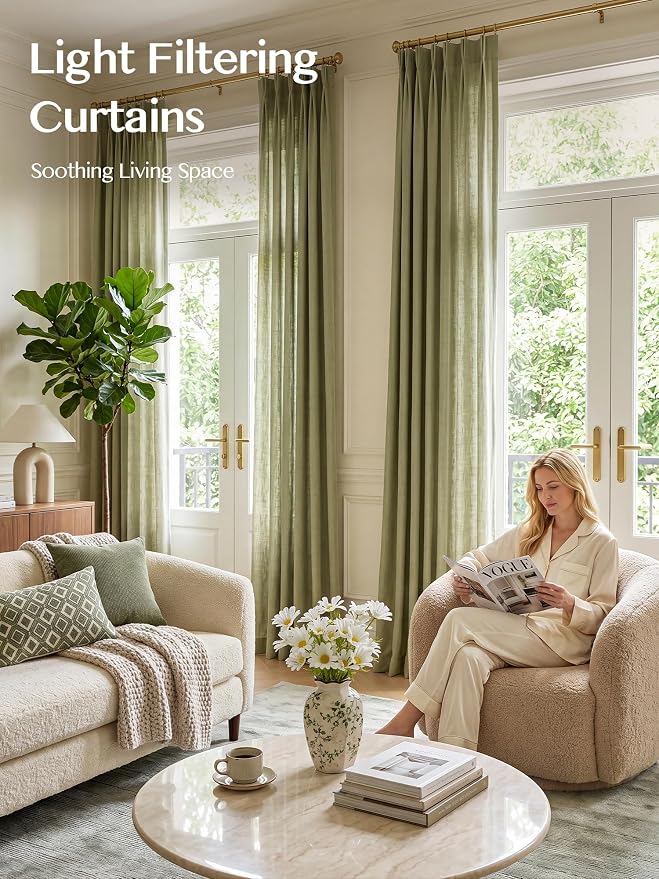 THREE GIRLS Pinch Pleated Linen Curtains 84 Inch Length 2 Panels, Light Filtering Linen Blend Drapes 40" W x 84" L, Olive Green Neutral Curtains for Living Room Bedroom with Hooks