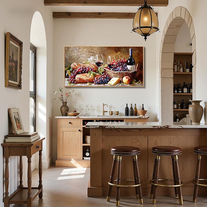 imjiayu Oversized Wall Art, Framed Wall Art, Dining Room Wall Decor, Vintage Wine Food Canvas Prints, Fruit Grape Autumn Art, Rustic Pictures for Living Room Home Bar Restaurant Decorations 29"x57"