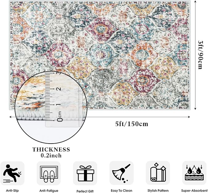 Lahome Moroccan Hallway Rug, 2'5''x8' Kitchen Runner Rugs Non Skid Washable Runners for Hallways, Ultra-Thin Oriental Carpet for Entryway Laundry Room Bedroom Bathroom Elise, Aqua/Multi