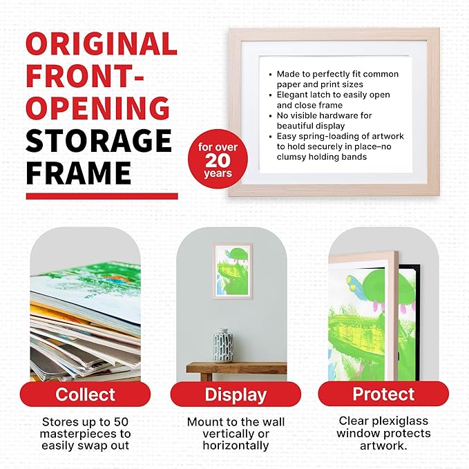 Dynamic Frames Li’l Davinci Art Cabinet, Stores up to 50 Pieces of 12 x 18 inch Art, Outer Wooden Frame Dimensions 14.75 x 20.75 inches, Kids Art Frame, Front Opening, Universal Hanging, Natural