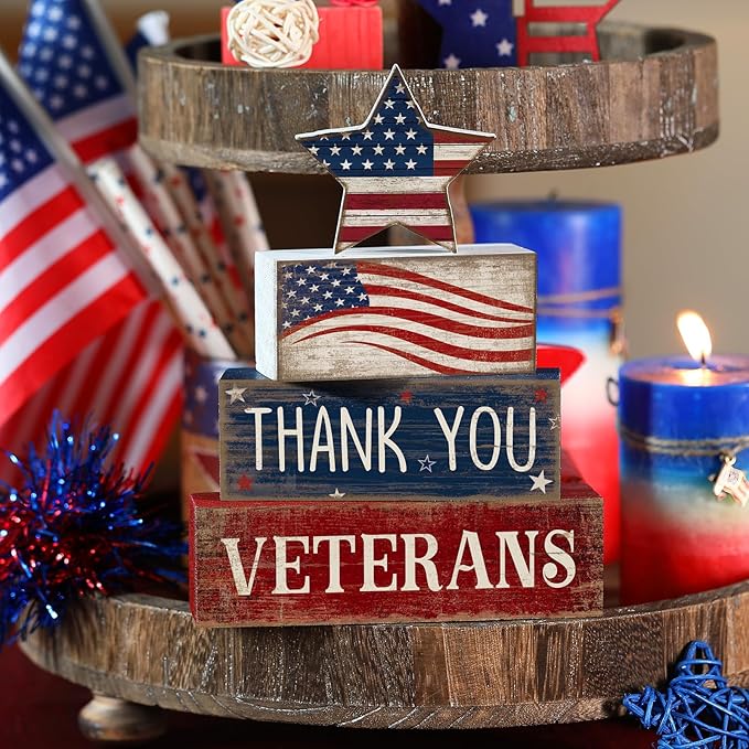 CroBlissful 4 Pcs Memorial Day Decorations Patriotic 4th of July Tabletop Decorations Red White Blue Table Centerpieces Star Sign for Office Tiered Tray Home Shelf 250th Anniversary
