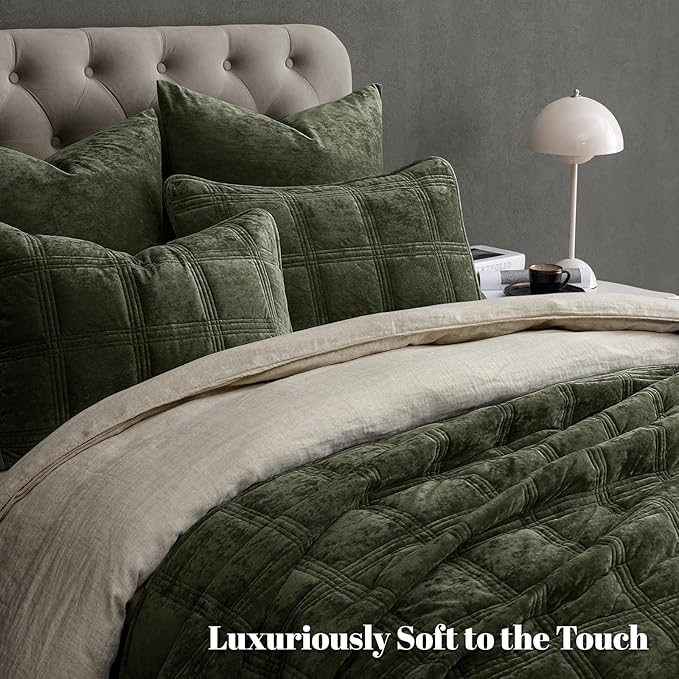 PHF Ultra Soft Velvet Quilt Set King Size – 3PCS Luxurious Cozy Quilted Comforter Alternative with Diamond Pattern, Warm Quilted Bedspread Coverlet, 108" x 92", Smokey Olive