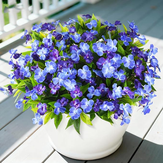 Artificial Impatiens Flowers for Outdoors, 6 Bundles Silk Fake Flowers for Spring Summer Decoration, UV Resistant Faux Plants Plastic Bouquet for Home Planter Porch Patio Yard Decor(Double Blue)