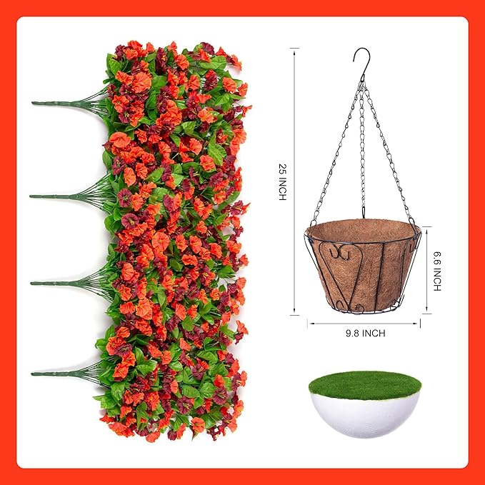 INXUGAO Artificial Flowers with Hanging Basket, Outdoor Faux Plants Silk Morning Glory Vines, Fake Green Arrangement for Garden Patio Spring Summer Decor(4pcs,Orange Brown)