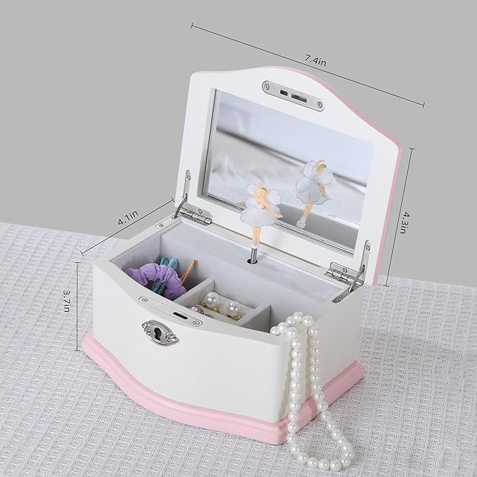 Medium Ballerina Musical Jewelry Box with Mirror for Girls,Kid's Jewelry Storage Music Chest- (white/pink)