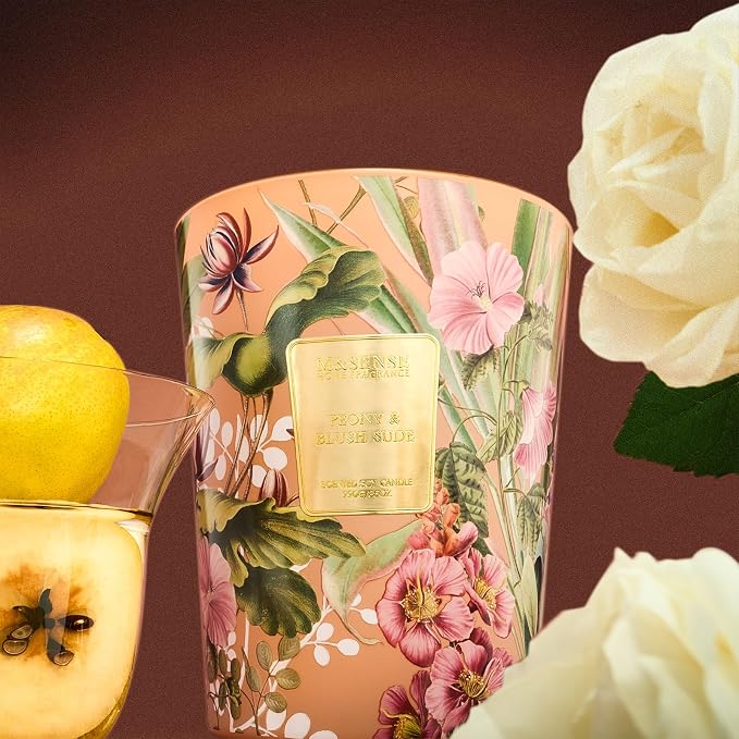 M&SENSE Peony Blush Suede Soy Candle, 35oz 3-Wick, Summer Romantic Gift | 150H Long Burn, Non-Toxic, Large Jar, Date Night, Bedroom Romance, Fancy Gifts for Women, Stress Relief, Luxury
