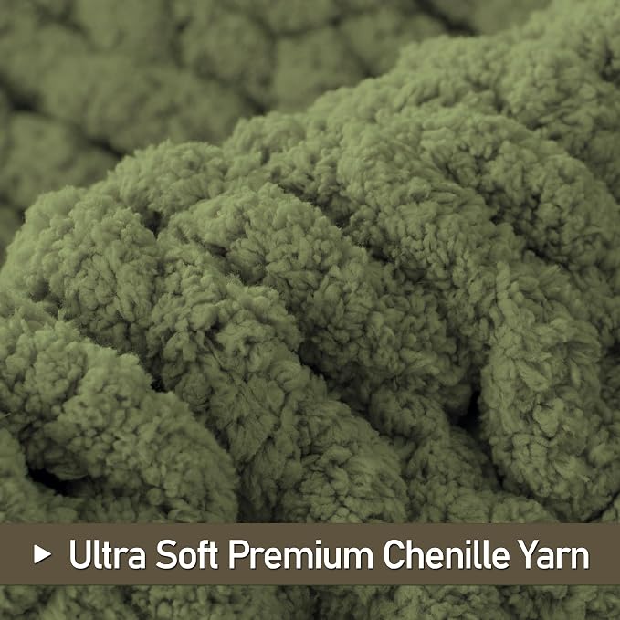 Chunky Knit Throw Blanket 60x80, 100% Handmade Chenille Yarn | 6.7lbs Soft Thick Cable Knitted Blankets, Large Rope Knot Crochet Throws for Couch Sofa Bed Christmas Fall Decor, Olive Green