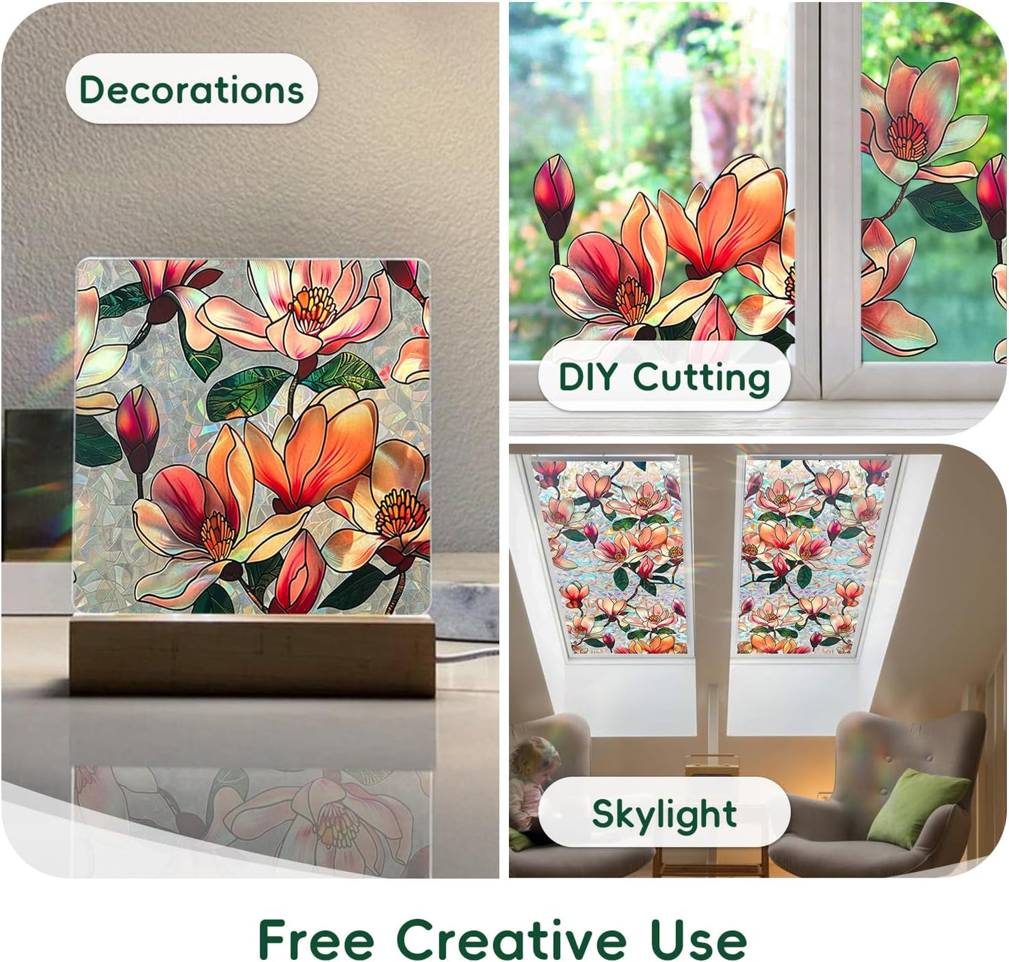 DUOFIRE Window Privacy Film Decorative Stained Glass Window Film Rainbow Magnolia Floral Static Cling Non-Adhesive Reusable Anti UV Colorful Window Decal for Home 16.92×39.37 inch