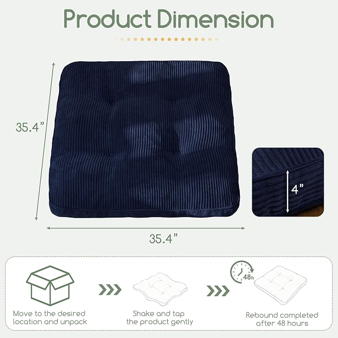 HIGOGOGO 35" Floor Pillow Cushion for Adults, Meditation Cushion Pillow, Extra Large Square Floor Sitting, Tufted Corduroy Cover for Tatami Living Room or Yoga, Navy