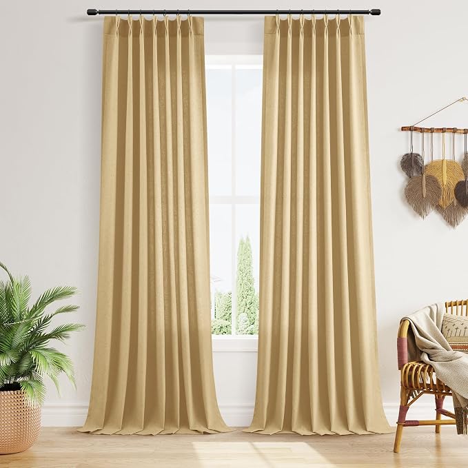 Gold Pinch Pleated Linen Curtains 96 Inch Length 2 Panels Set for Living Room Bedroom Heat Boho Farmhouse Window Privacy Light Filtering Semi Sheer Back Tab Drapes with Hooks for Dining Room 40x96