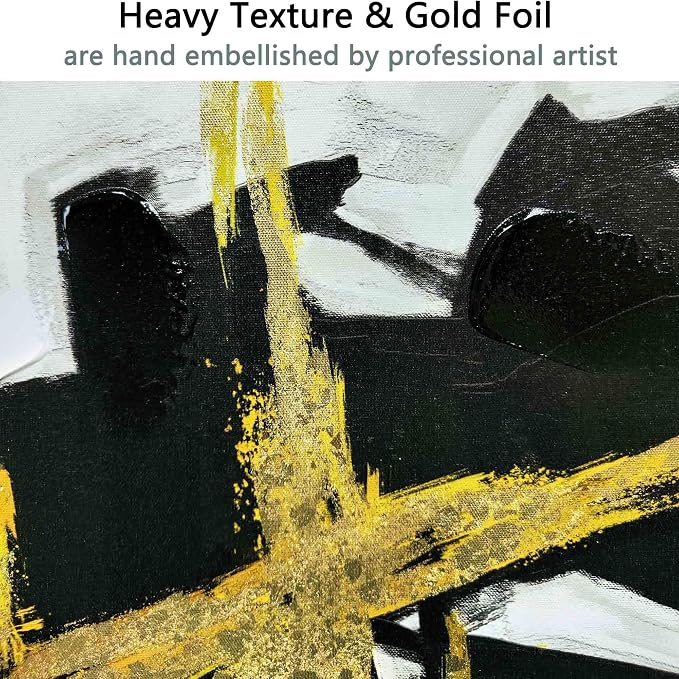 Sofoney Gold Framed Black & Gold Abstract Wall Art, 24"x24" | Hand Painted Texture, Gold Foil, Modern Brushstroke Canvas, For Living Room Bedroom Office