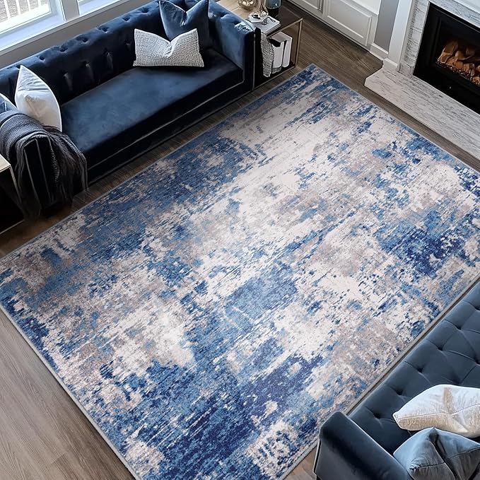 RELEANY Washable Area Rugs 10'x12' Non-Slip Modern Abstract Soft for Living Room Entryway Bedroom Nursery, Print Pattern, Blue Grey Navy Gray