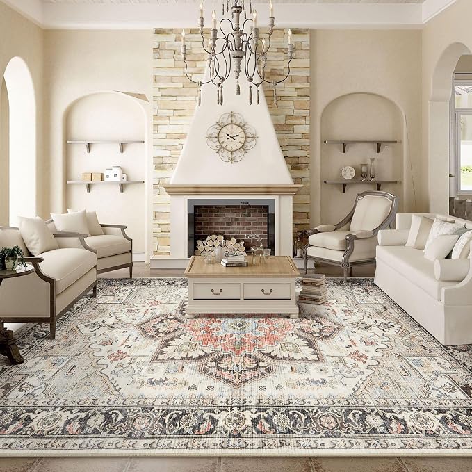 12x15 Area Rugs for Living Room - Large Carpet Ultra Thin Soft Washable Oriental Vintage Floral Distressed Big Indoor Carpets for Bedroom Nursery Dorm Home Decor Aesthetic - Multi Cream