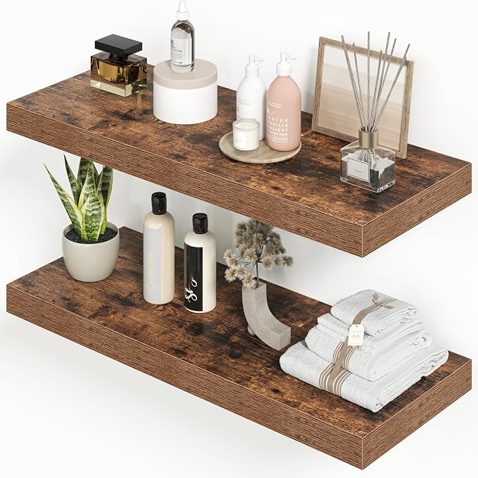 Heimlove 24 inch Floating Shelves for Wall,9.3 inch deep Brown Bathroom Over Toilet Shelf,Wall Mounted Rustic Wood Shelves for,Bedroom,Living Room,Kitchen,Office Decor Set of 2-Brown