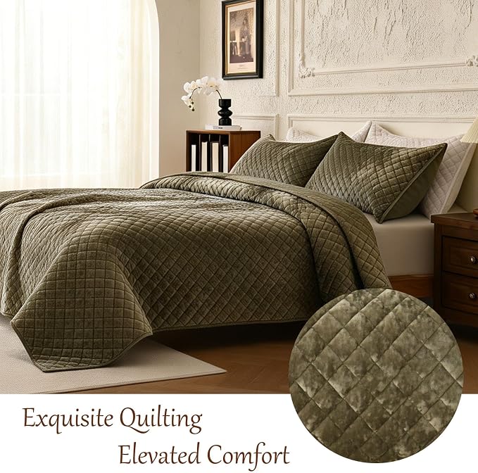 3-Piece Velvet Quilt Set King Size 98"x106" Bed Blanket Quilted Bedspread Soft Luxury Bedding with 2 Pillow Shams 20''x36'' for All-Season,Army-Green