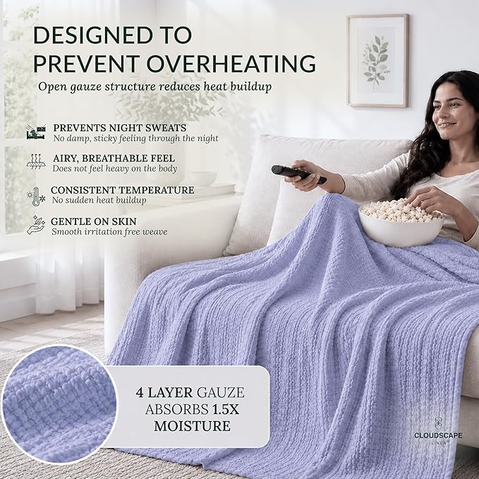 CLOUDSCAPE 4 Layer Muslin Blanket for Adults - 100% Cotton Throw Blanket, 50"x70" Oversized Gauze Throw for Sofa, Couch -Soft Lightweight Breathable Muslin Cotton Comforter for Summer - Lavender Blue
