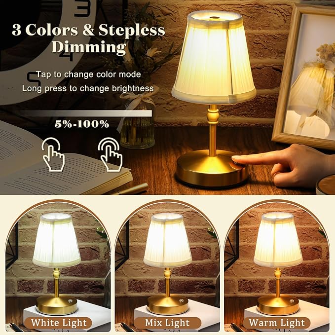 Liliful 2 Pcs Cordless Table Lamp Rechargeable Touch LED Small Gold Portable Battery Operated USB-c Desk Lamp 3 Color Dimmable for Bedroom Living Room Dining (Gold,Weaving Style)