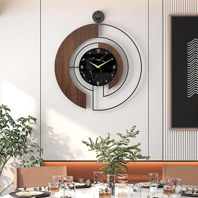 Modern Walnut Marble Dial Wall Clock, Large Wood Metal Frame Silent Non Ticking Wall Clocks for Living Room, Bedroom Decoration, Contemporary Home Wall Decor Gift Idea, 29.5 in