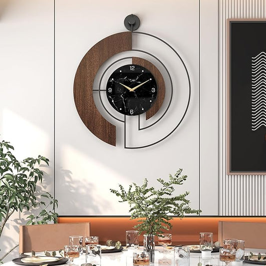 Modern Walnut Marble Dial Wall Clock, Large Wood Metal Frame Silent Non Ticking Wall Clocks for Living Room, Bedroom Decoration, Contemporary Home Wall Decor Gift Idea, 29.5 in