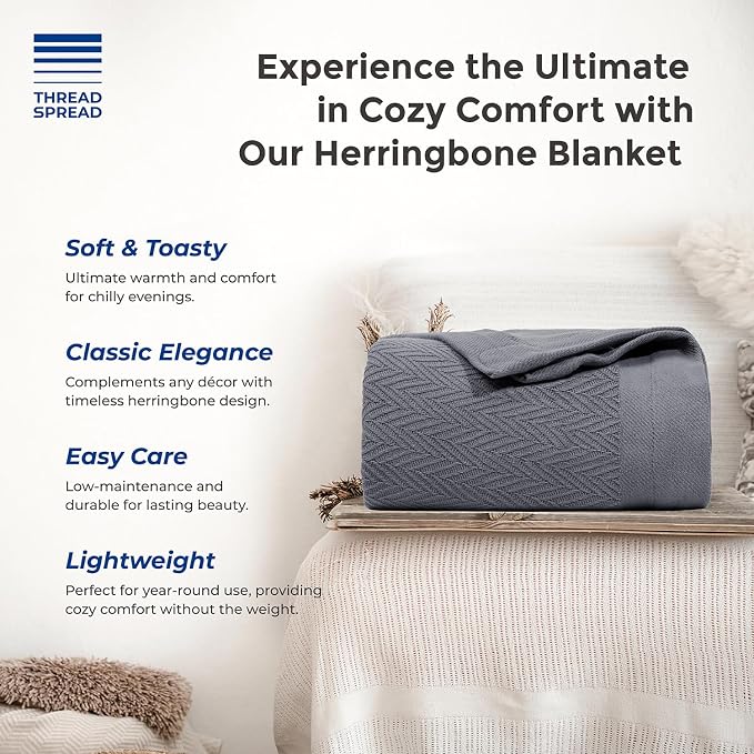 THREAD SPREAD Organic GOTS Cotton Blanket, Full/Queen - 350 GSM, Antistatic, Fuzzy Soft, Lightweight, Sofa, Camping & Travel, Perfect Herringbone All Seasons Throw, Dark Grey with Free Tote Bag