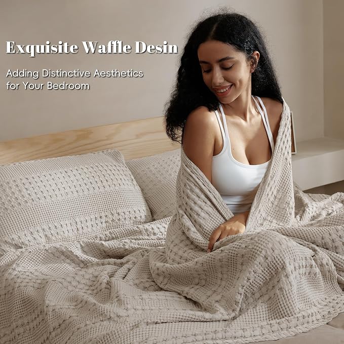PHF 100% Cotton Waffle Blanket King Size for Bed, Lightweight Breathable and Soft for Summer, Luxury Aesthetic Waffle Weave Blanket for Home Decor & Gifts for Women, 108"x90", Pearl Gray