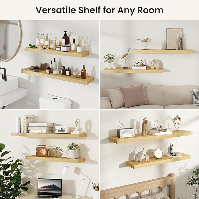 Fun Memories Rustic Wood Floating Shelves for Wall, Space-Saving Wall Mounted Shelves for Bathroom, Bedroom, Living Room and Kitchen, Stylish Storage & Display (Set of 4, Oak, 8 in)