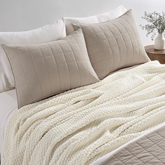 EVERGRACEHOME Chunky Chenille Knit Throw Blanket for Couch, Soft Luxurious Oversized Queen Moss Stitch Blanket for Bed, Cozy Farmhouse Knitted Throw for Sofa, Ivory White, 90" x 90"