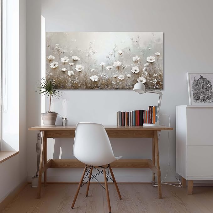 Ggaafet White Floral Wall Art for Living Room Canvas Oil Painting Prints Flower Landscape Scenic Nature Art Deco Retro Rustic Artwork Office Bedroom Farmhouse Room Decor Extra Large