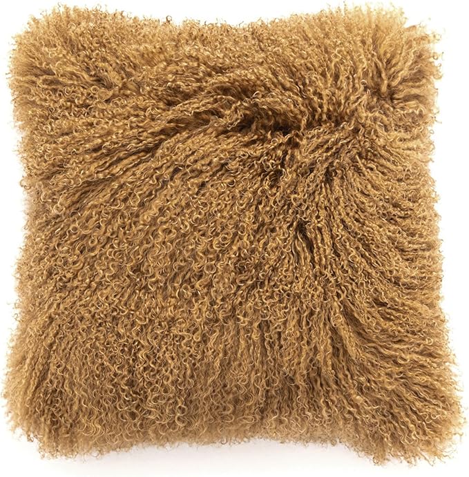 Real Mongolian Lamb Fur Throw Pillow Curly Wool Square Cushion Fluffy Soft for Living Room Bedroom,45cm (18")(Khaki)
